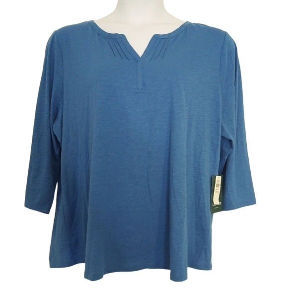 L.L. Bean NWT 100% Organic Cotton Rustic Blue Split Neck 3/4 Sleeve Top Classic - Picture 1 of 10